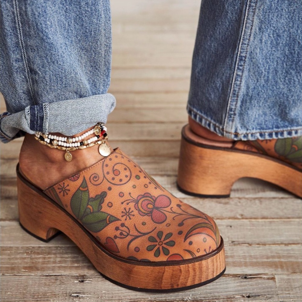 Free People Patsy Brown Floral Leather Clogs - Picture 2 of 13